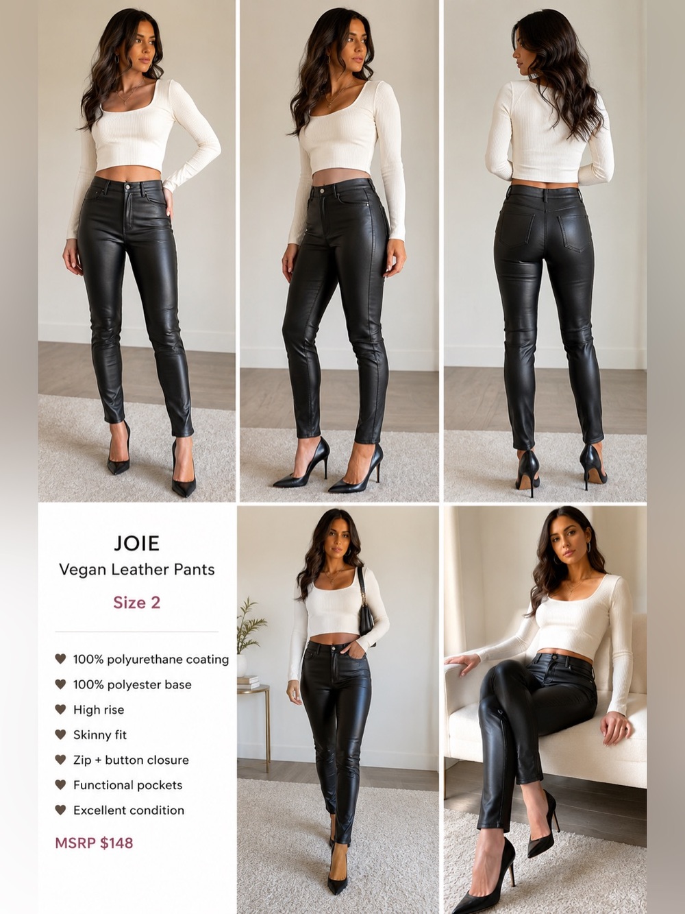 Joie Vegan Leather Pants Black Size 2 High Rise Skinny Faux Leather‎ Coated
